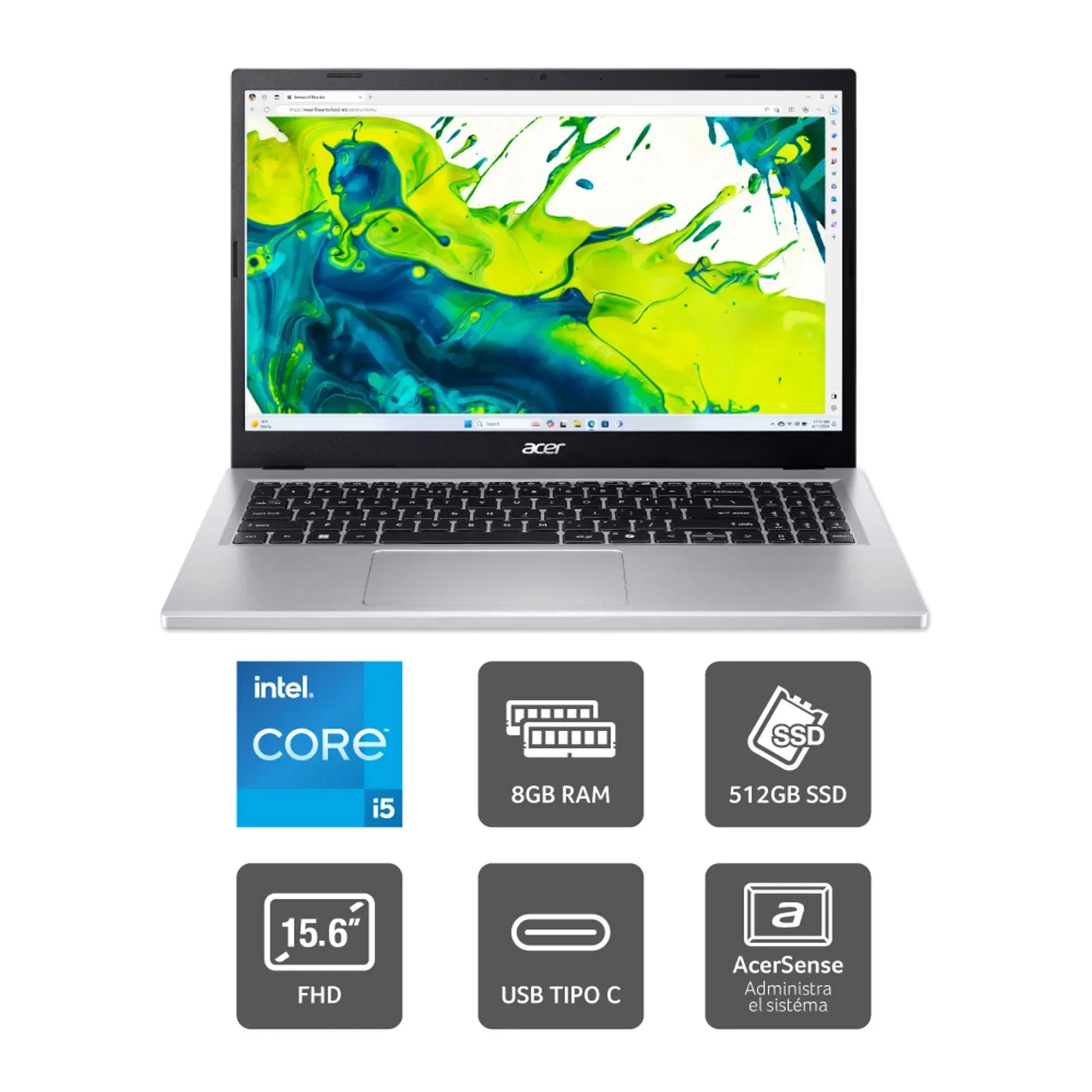 Acer AG15-71P-57KN - Intel Core I5 13420H - 8GB DDR5 - 512GB SSD - Pantalla 15,6" FHD - No DVD - HDMI - Freedos - Mist Green miniatura 3