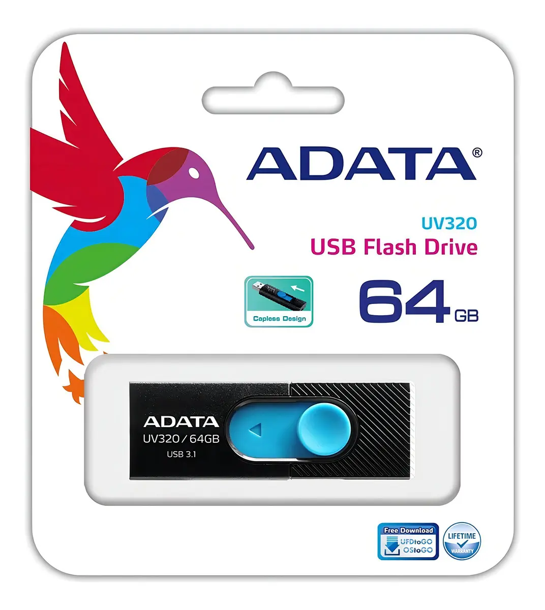 Memoria USB Adata UV320 3,2 - 64GB - Negra Con Azul