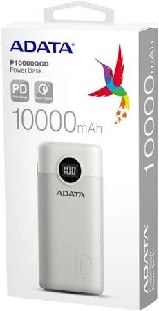 Power Bank Adata P10000QCD - Carga Rapida - 10000MAH - 2 Puertos USB - 1 Tipo C - Pantalla Indicadora De Carga - Blanca