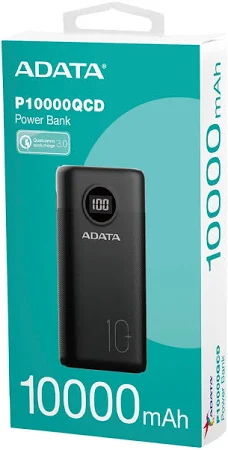 Power Bank Adata P10000QCD - Carga Rapida - 10000MAH - 2 Puertos USB - 1 Tipo C - Pantalla Indicadora De Carga - Negro