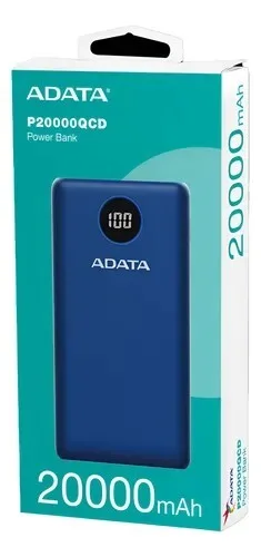 Power Bank Adata P20000QCD - Carga Rapida - 20000MAH - 2 Puertos USB - 1 Tipo C - Pantalla Indicadora De Carga - Azul