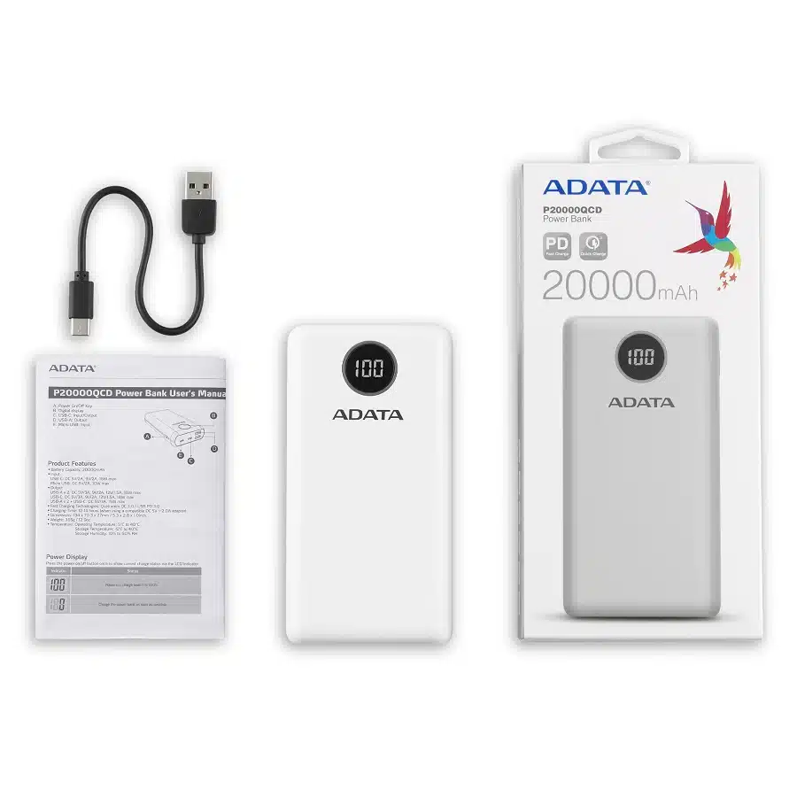 Power Bank Adata P20000QCD - Carga Rapida - 20000MAH - 2 Puertos USB - 1 Tipo C - Pantalla Indicadora De Carga - Blanca