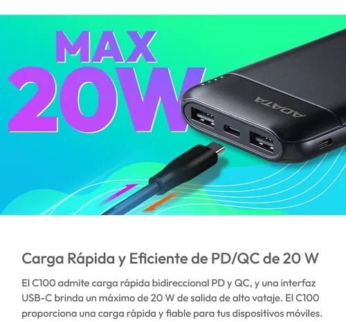 Power Bank Adata C100 - Carga Rapida - 10000MAH - 2 Puertos USB - 1 Tipo C - Pantalla - Blanca miniatura 5