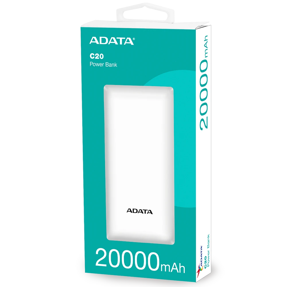 Power Bank Adata C20 - Carga Rapida - 20000MAH - 2 Puertos USB - 1 Tipo C - Blanca