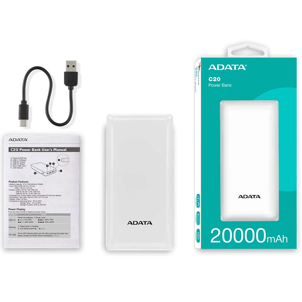 Power Bank Adata C20 - Carga Rapida - 20000MAH - 2 Puertos USB - 1 Tipo C - Blanca miniatura 2