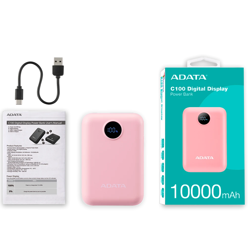 Power Bank Adata C100 - Carga Rapida - 10000MAH - 2 Puertos USB - 1 Tipo C - Rosa miniatura 6