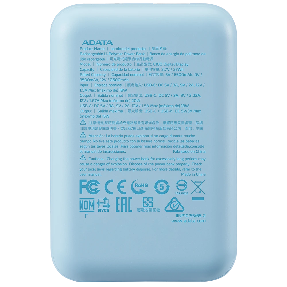 Power Bank Adata C100 - Carga Rapida - 10000MAH - 2 Puertos USB - 1 Tipo C - Azul miniatura 6
