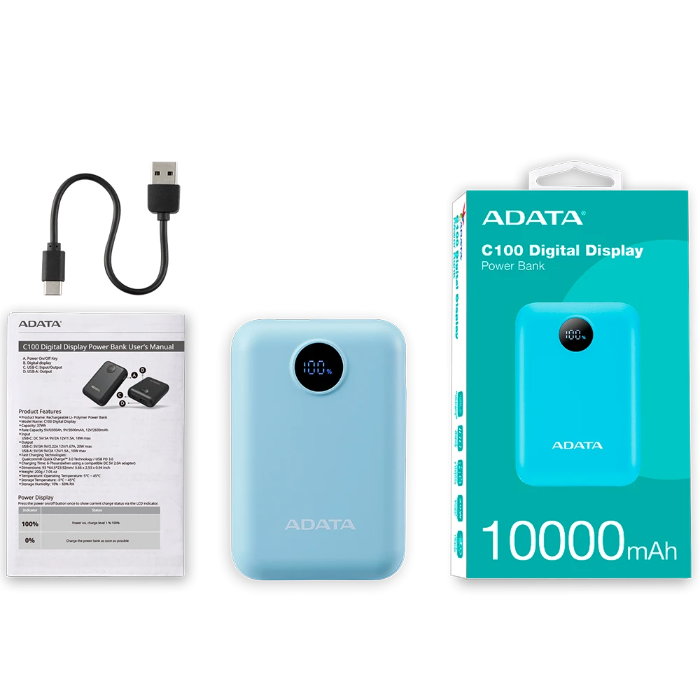 Power Bank Adata C100 - Carga Rapida - 10000MAH - 2 Puertos USB - 1 Tipo C - Azul miniatura 7