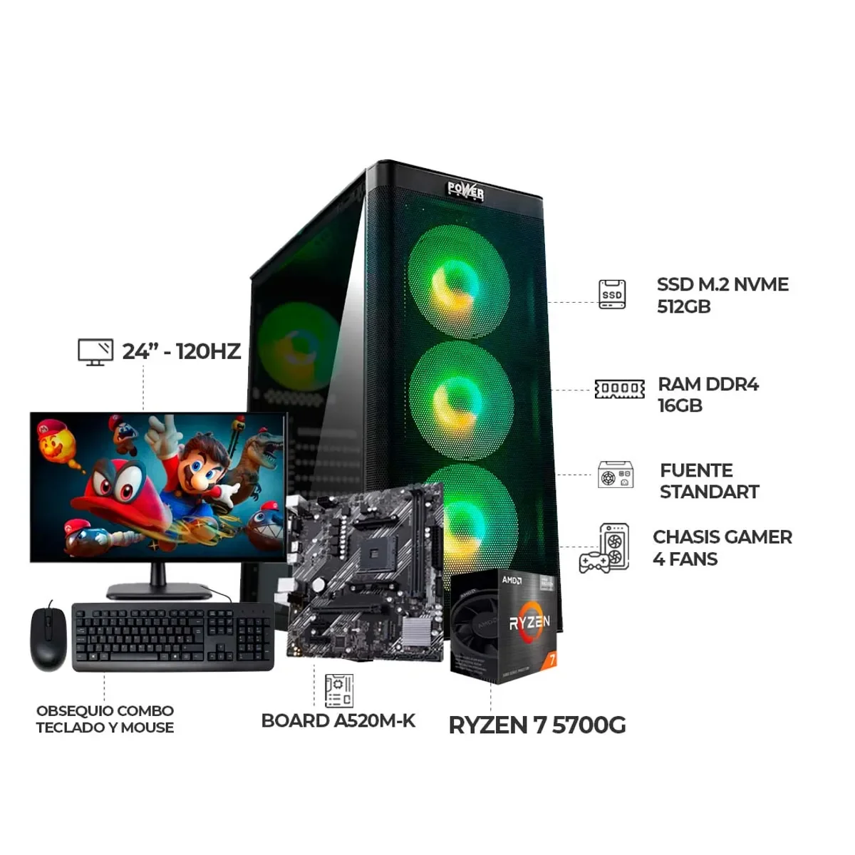 Amd Ryzen 7 5700G - Caja ATX Gamer Con 3 Ventiladores - Board Asus Prime A520M-K - 16GB DDR4 - 512GB SSD - Linux +monitor 24" +teclado Mouse miniatura 2