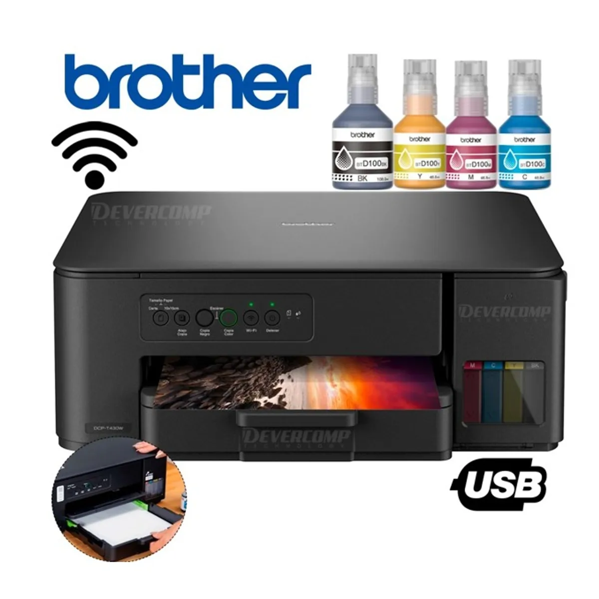 Impresora Multifuncional Brother DCP-T430W - WIFI - Amplia Y Reduce - USB - Tinta Continua