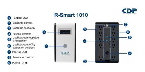 UPS CDP R-SMART1010- 1000VA (1KVA) - 500W - 10 Salidas (5 Respaldo De Bateria + 5 Con Supresion De Picos) - Con Display Y Monitoreo Basico miniatura 3