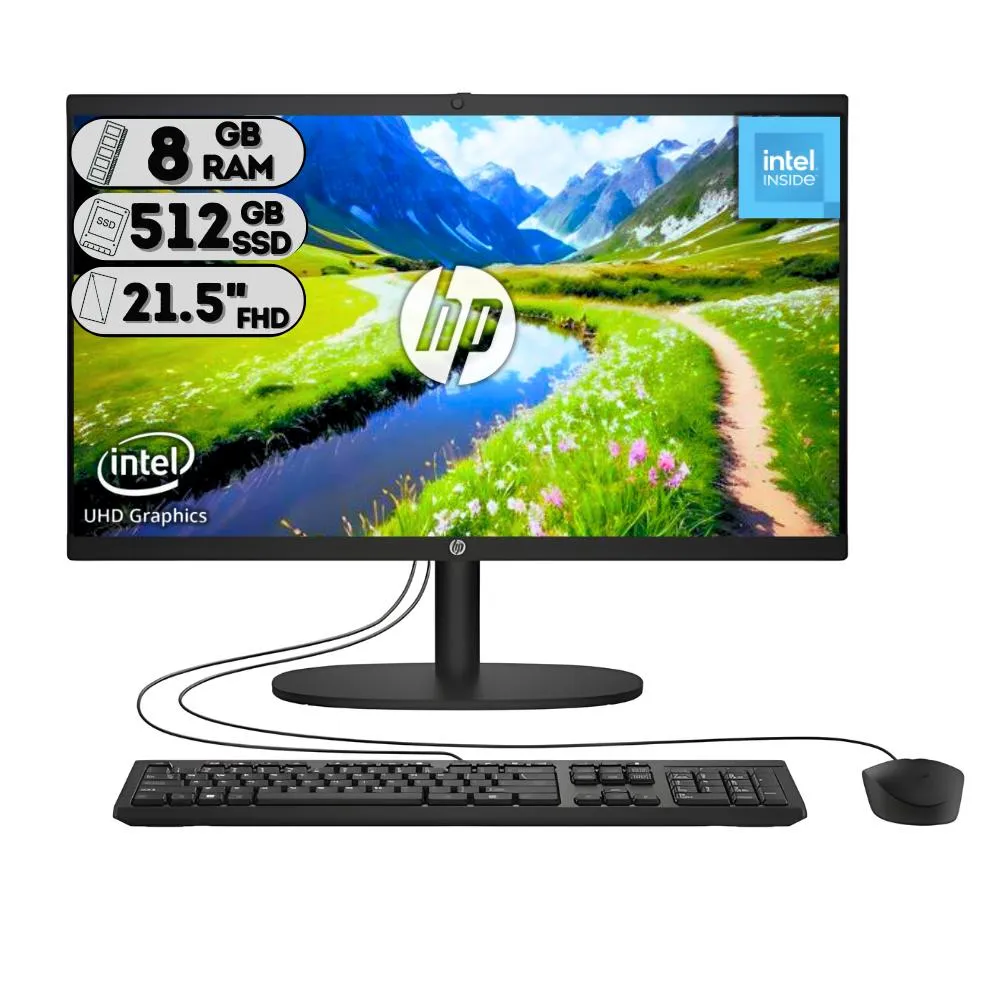 AIO HP 22-DG0205LA - Intel N100 - 8GB DDR5 - 512GB SSD - Pantalla 21,5" FHD - No DVD - HDMI - RJ45 - Freddos - Negro ( BM7X0LA#ABM )