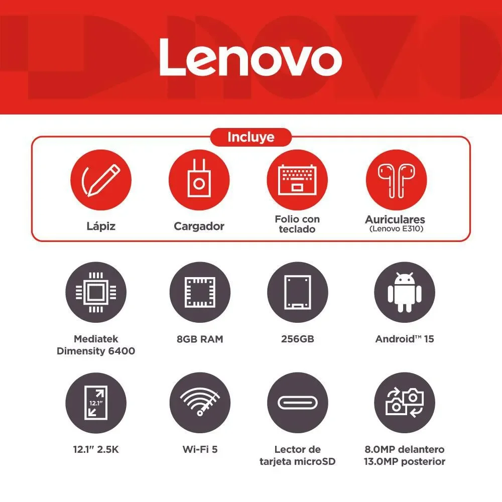 Lenovo Ideatab Plus TB361FU - Pant 12,1" 2,5K - Octa C (2,5GHZ/ 2,0GHZ) - 256GB - Mem 8GB - Andr 15 - Doble Cam - WIFI + Teclado + Lapiz + Earbuds E310 miniatura 7