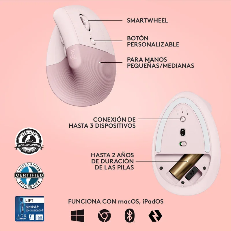 Mouse Logitech Lift Vertical - Ergonomico - Inalambrico - Bluetooth - 6 Botones - USB - Rosa miniatura 5