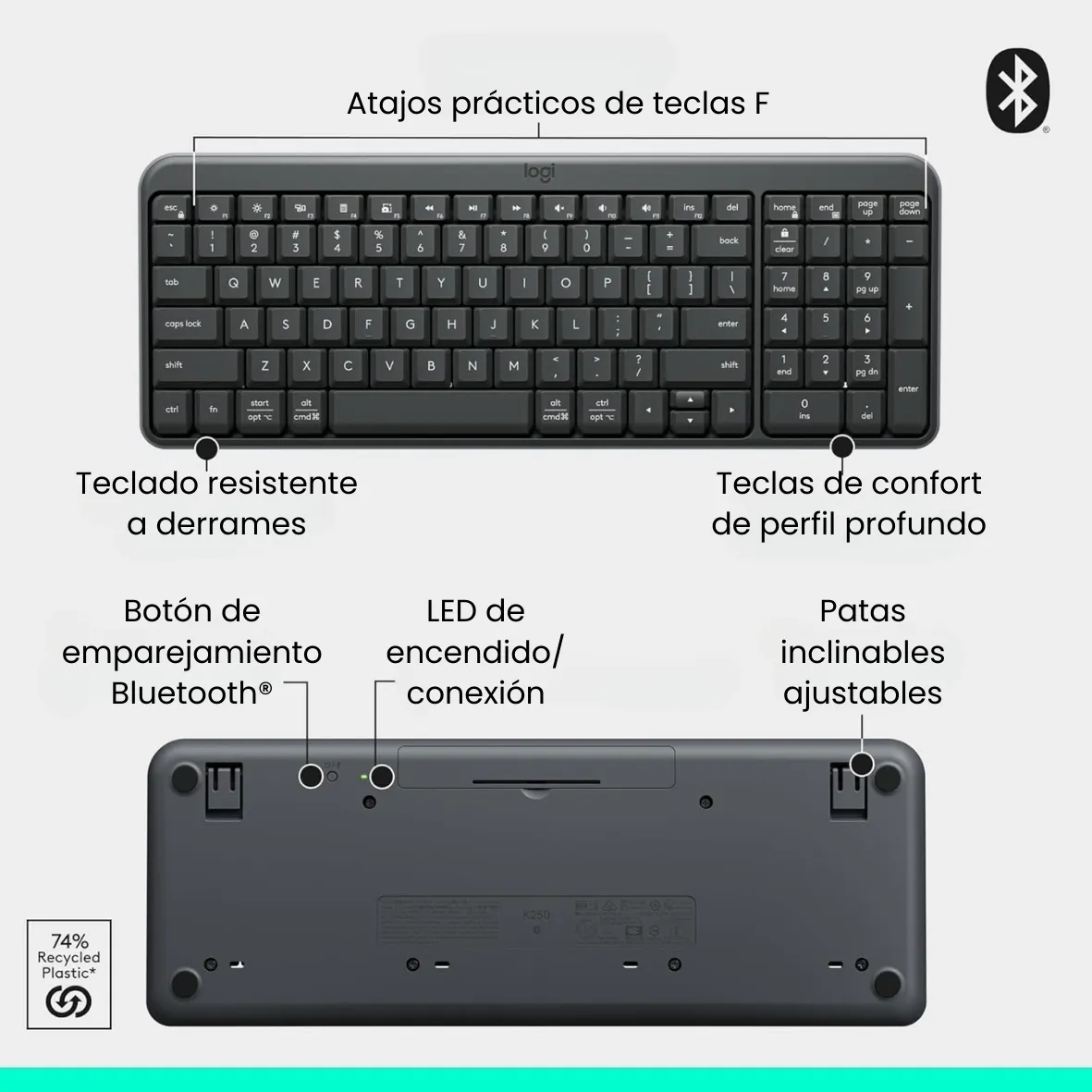 Teclado Logitech K250 - Inalambrico - Bluetooth - Compacto - Grafito miniatura 5