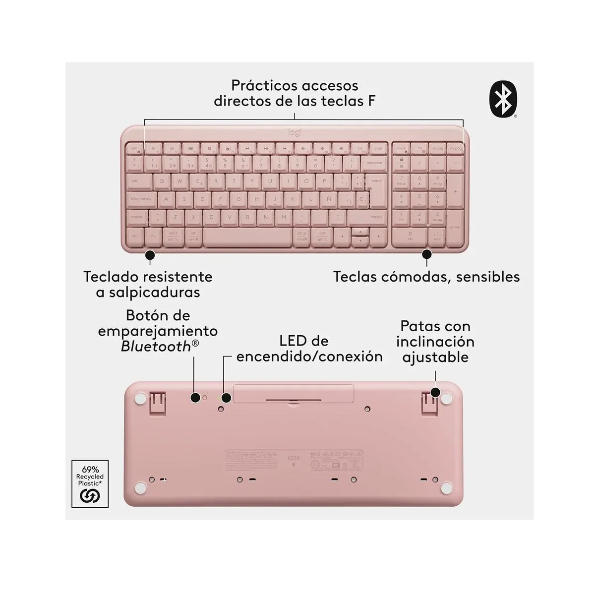 Teclado Logitech K250 - Inalambrico - Bluetooth - Compacto - Rosa miniatura 3